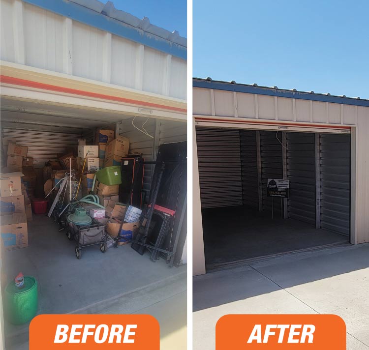 before and after images of a full junk removal in visalia, ca for property cleanout