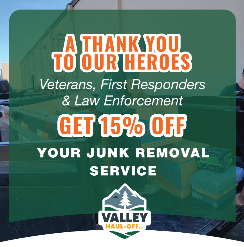 A vibrant pop-up graphic for Valley Haul-Off LLC showing a 15% discount on junk removal services for veterans, first responders, and law enforcement.